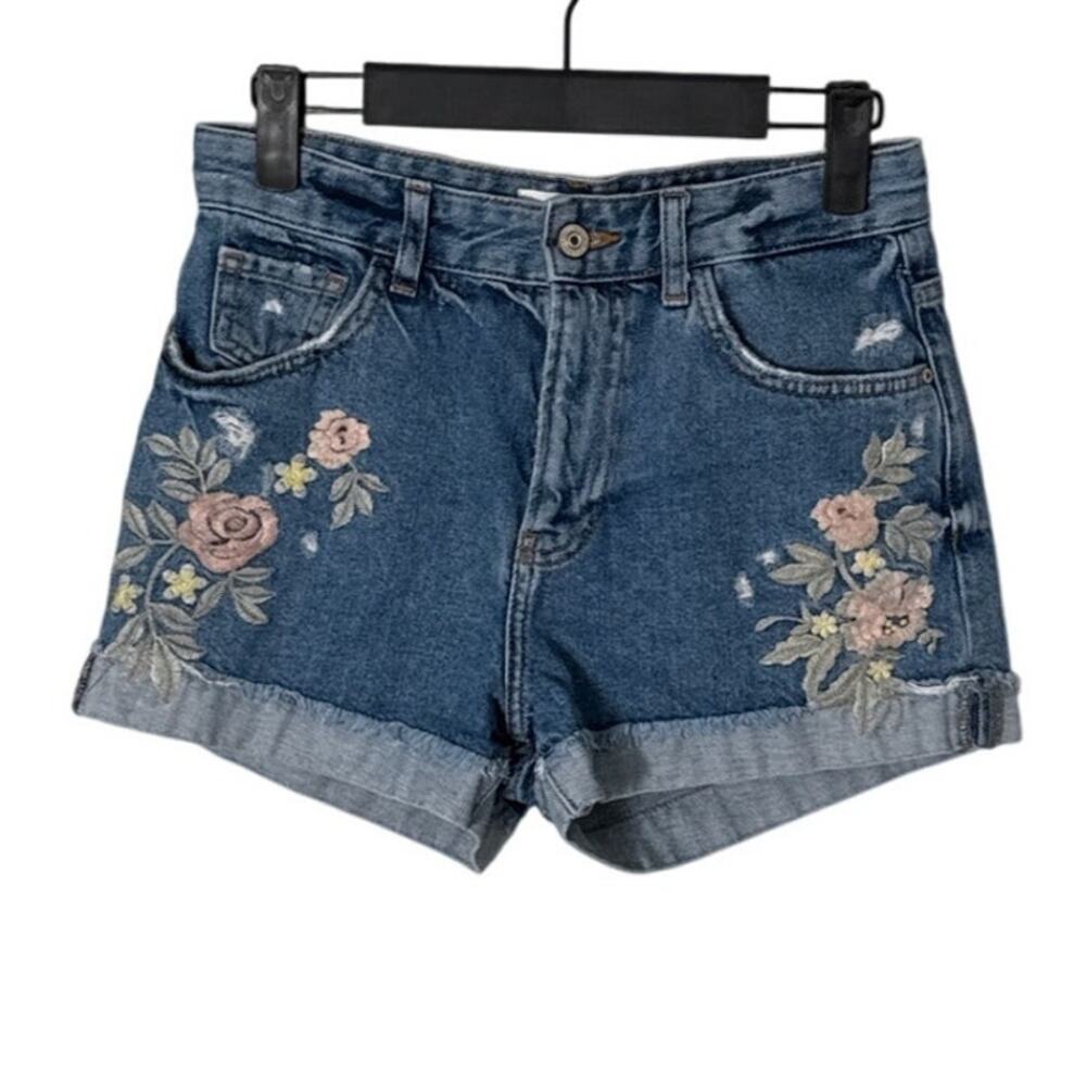 Mango Denim Women's‎ Floral Rose Embroidered Jean Shorts Size 2